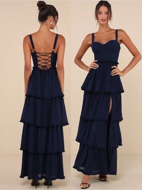 NWT Lulu’s Sophisticated Occasion Navy Blue Bustier Lace-Up Maxi Dress Size XS